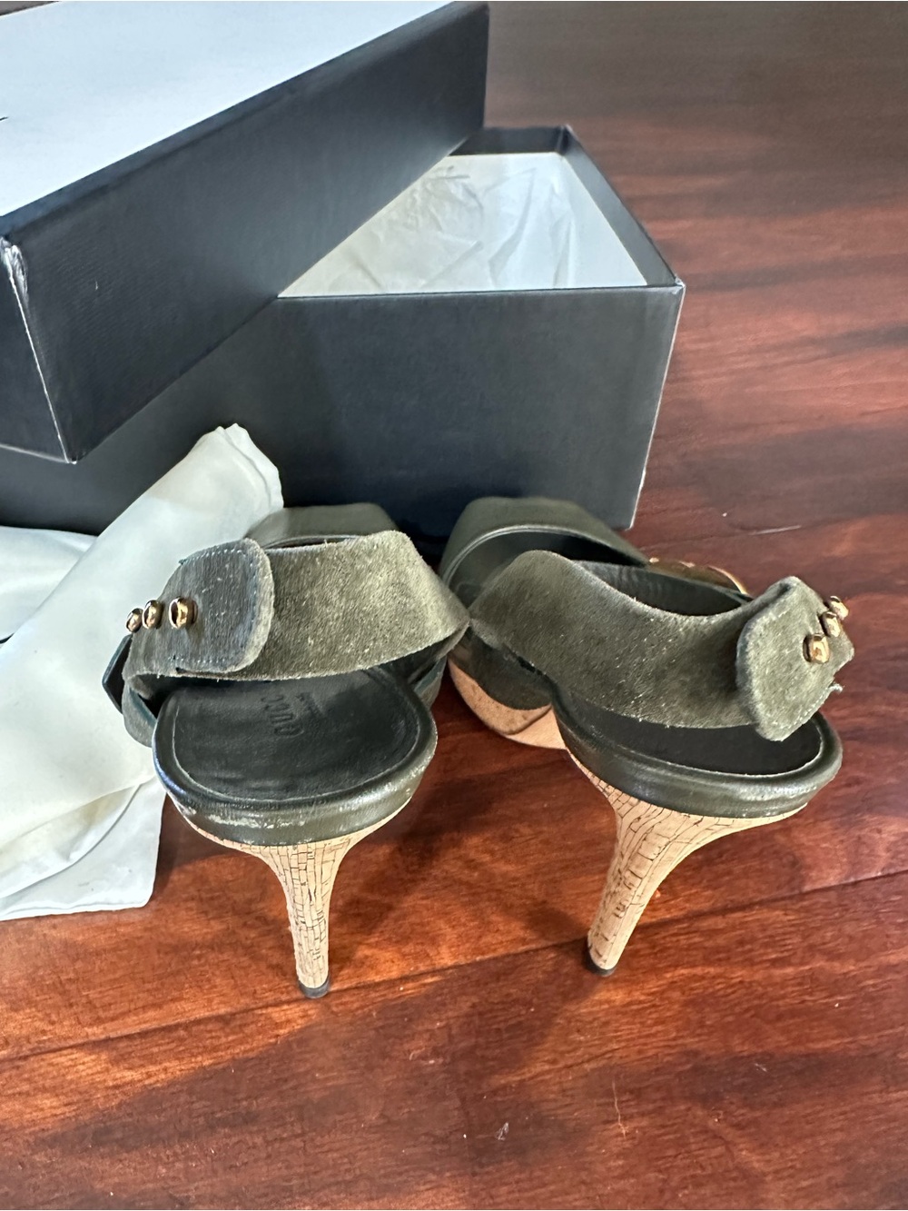 Gucci Olive Brown Leather Platform Sandals with Gold Double G - Picture 4 of 8